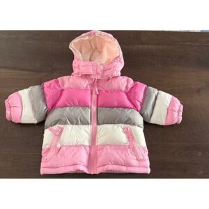 The Childrens Place Baby Girl Pink Striped Hooded Puffer Jacket 6-9 Month Fleece
